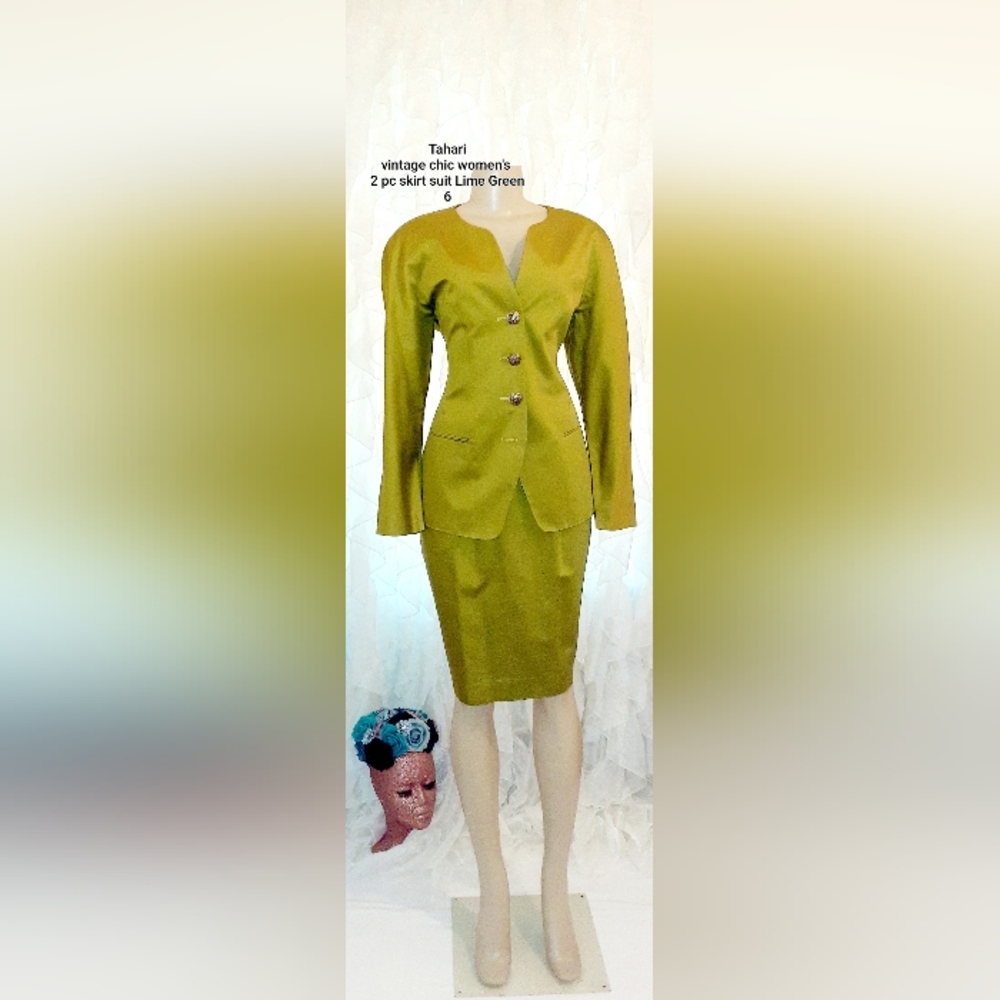 Tahari Vintage Long Sleeve 2pc Skirt Suit Lime Green 6